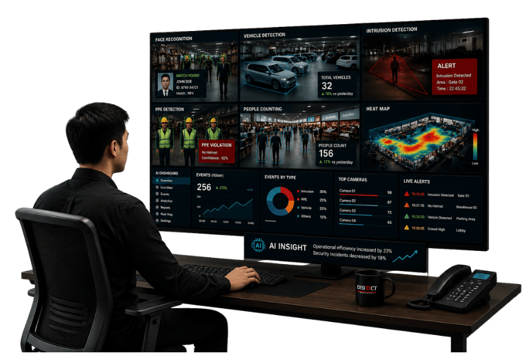 Dashboard AI video analytics DISTCCTV menampilkan deteksi wajah, deteksi kendaraan, deteksi intrusi, deteksi APD, crowd counting, dan heat map secara real-time