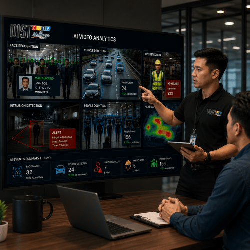 Tim mendemonstrasikan dashboard AI video analytics dengan deteksi kendaraan, APD, dan orang di ruang meeting