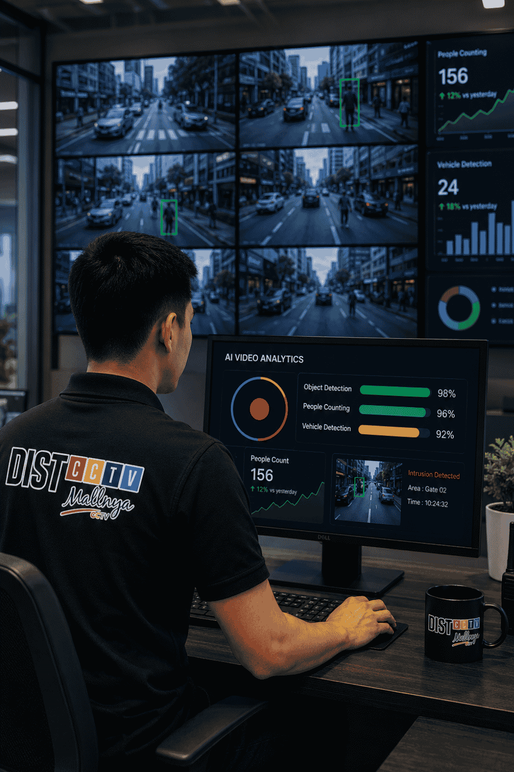 Teknisi DISTCCTV memantau beberapa layar CCTV AI analytics di ruang kontrol