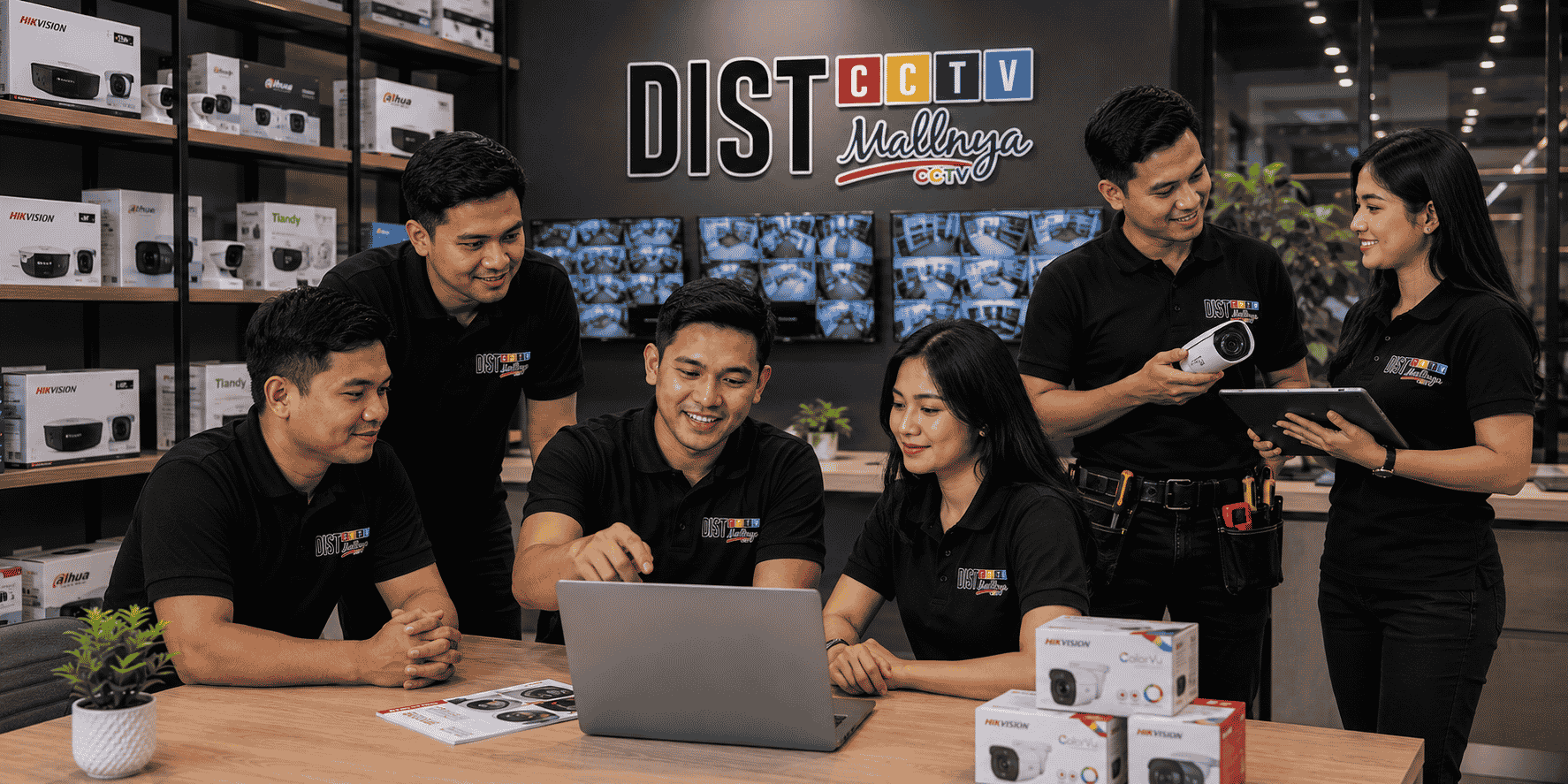 Tim DistributorCCTV melayani konsultasi klien di showroom