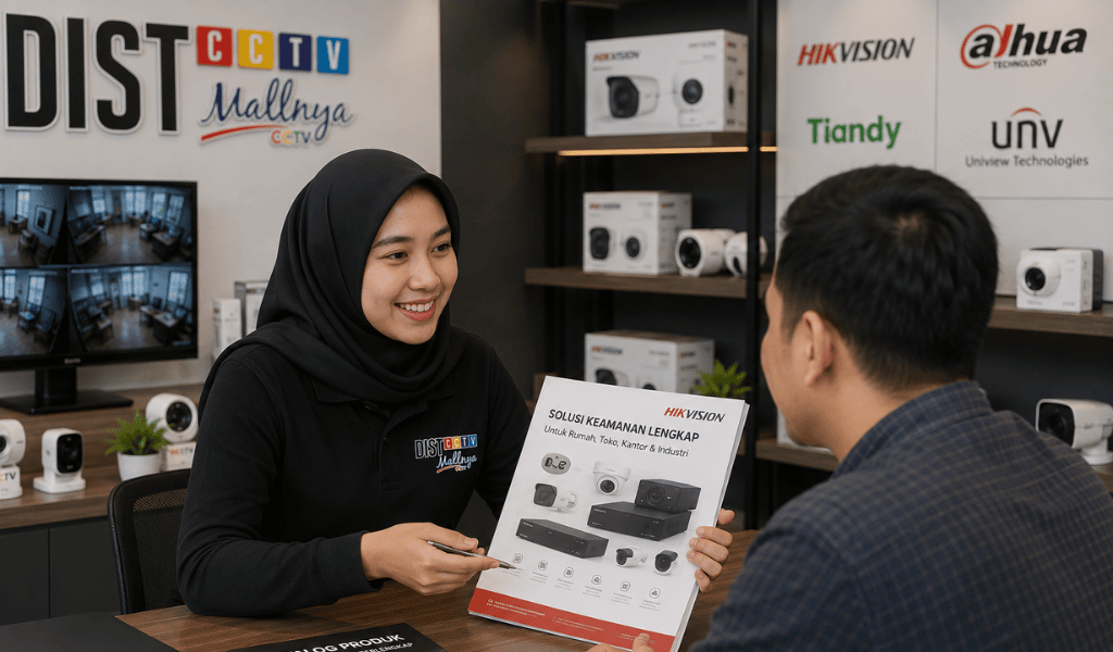 Staff DistributorCCTV menjelaskan produk kepada klien