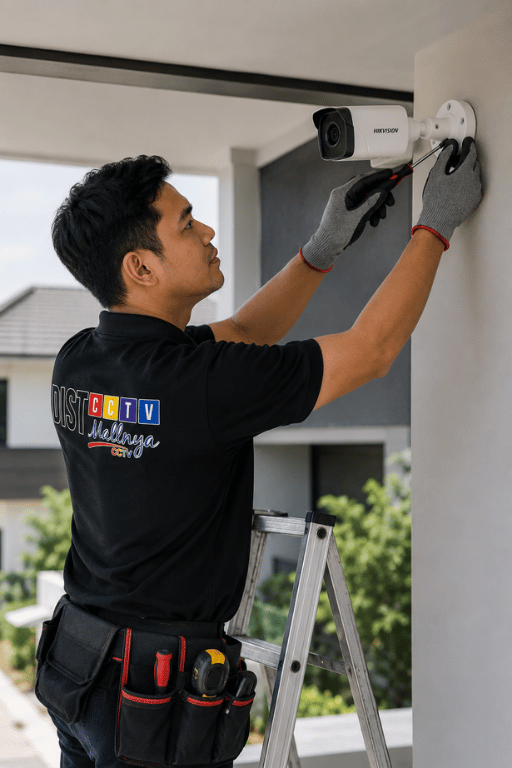 Teknisi memasang kamera CCTV di rumah pelanggan